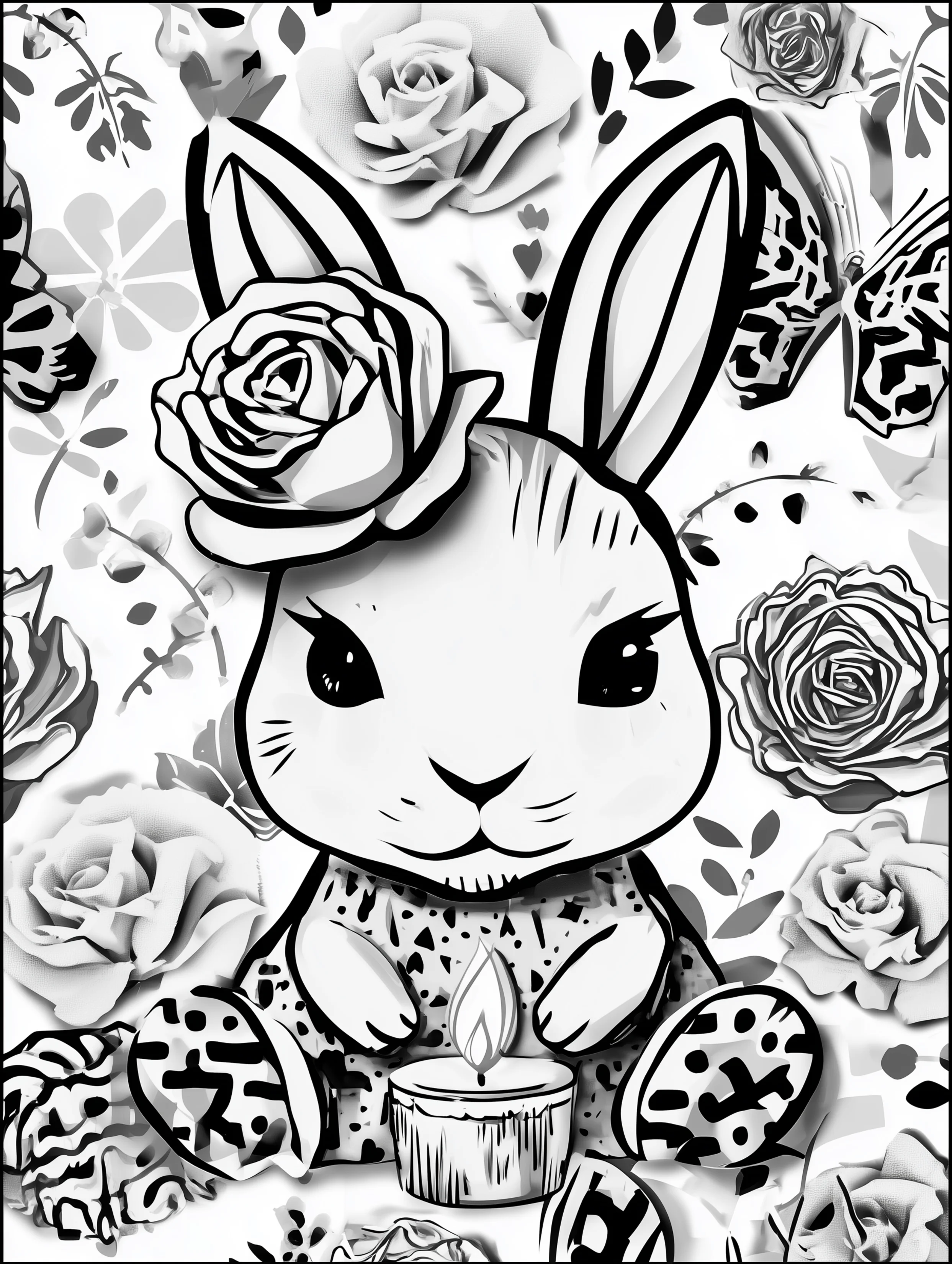 Free printable rabbit coloring page for adults featuring a bunny warming by candlelight